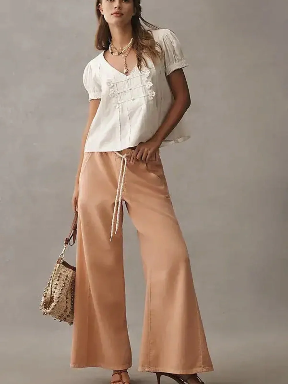 Pilcro Adi Pull On Wide Leg Mid Rise Drawstring Pants in Peach Medium